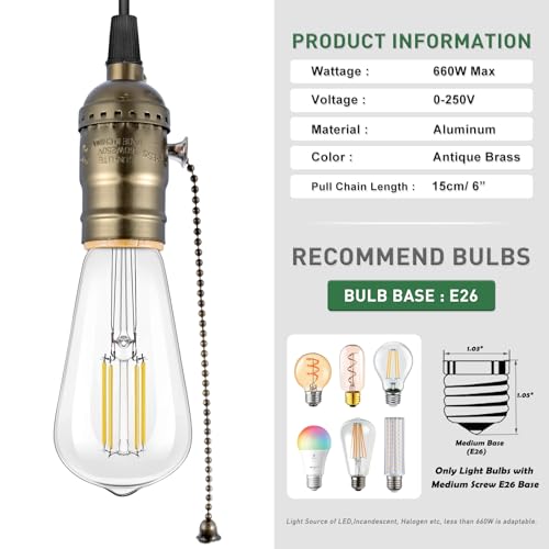 Antique Brass E26 Pull Chain Light Socket Replacement - UL Listed, 2 Pack