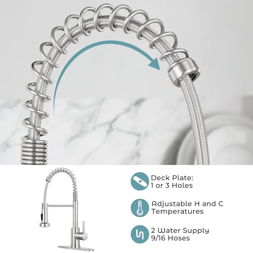 KHQF Brushed Nickel Kitchen Faucet with Pull Down Sprayer, Standard Model with Deck Plate