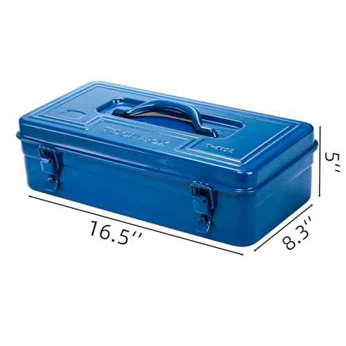 Portable Steel Tool Box, 16 Inch Metal Tool Organizer Box with Double Latch Closure and Handle, Heavy Duty Storage Toolbox Chest for Workshop, Garage, Warehouse, Household, Blue
