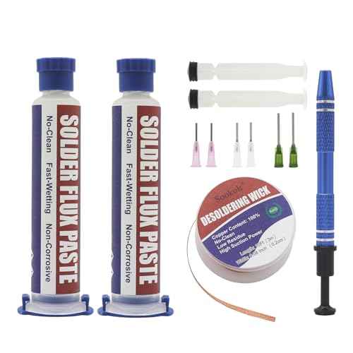 No-Clean Flux Paste, Solder Wick & Electronic Small Parts Pickup Kit, Soldering Flux 10cc/Bottle (2PACK), 10Ft Desoldering Wick, IC Pickup Tool (1 stick)