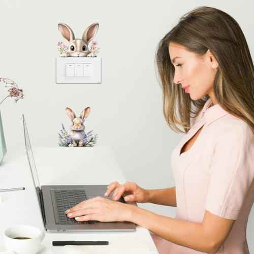 AHANDMAKER 6Pcs Cute Rabbit Light Switch Stickers, 7x7 Inch Easter Rabbit Flower Wall Sticker Light Switch Decals for Easter, Nursery Bedroom Living Room Office Home Family DIY Decor