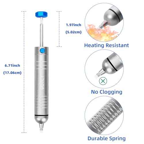 Solder Sucker No Clog Desoldering Pump for Solder Removing with Replaceable Heat Resistan Silicone Sucking Nozzle, Desoldering Tool Sodering Pump Strong Vacuum Aluminum Suction Remover
