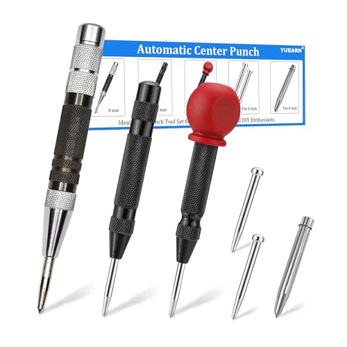 3PCS 6" and 5" Automatic Center Punch with 3PCS Replacement Tip, Adjustable Spring Loaded Center Punch, Center Hole Punch Tool for Wood, Metal, Plastic, Stone and Glass