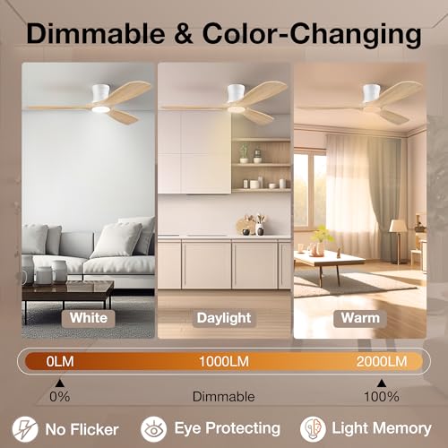 Hoenofly 52-Inch Smart Ceiling Fan with Lights, Remote & Voice Control - White & Light Wood
