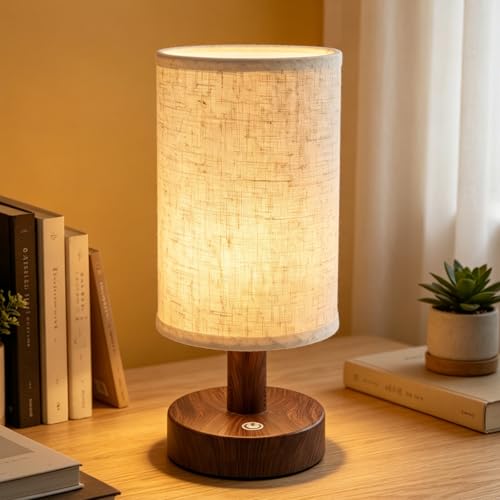 Wood Grain Rechargeable Cordless Touch Table Lamp with Dimmable 3-Color Light