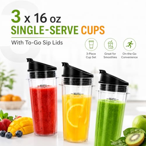 16 oz Ninja Blender Cups Replacement 3 Pack with Lids for QB3001SS, BL660, BL770, BL780, BL740 - 4-Tab 16oz