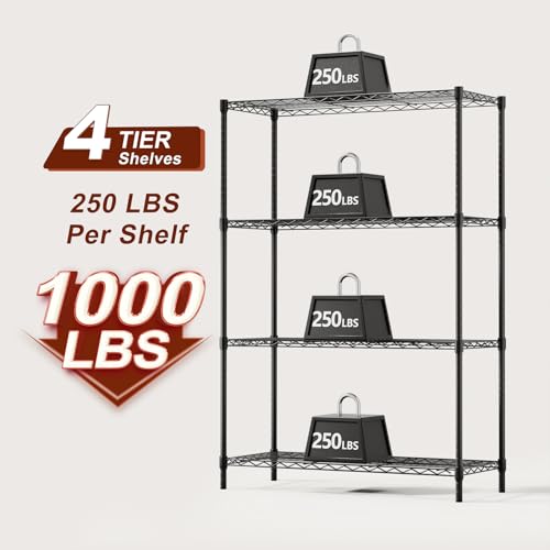Black 36x14x54 Inch 4-Tier Adjustable Wire Shelving Unit - Heavy Duty