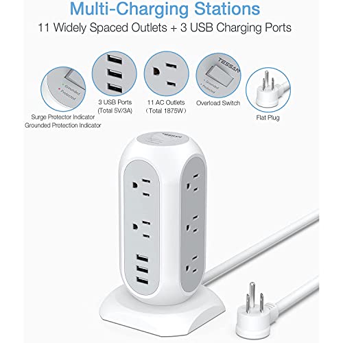 TESSAN 6 Ft White Tower Power Strip with Surge Protection, Flat Plug, 14 Outlets & USB