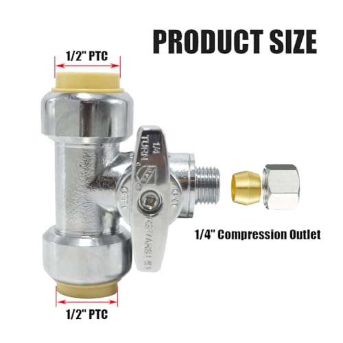 TTFLEX 1/2" x 1/2" x 1/4" Brass Push-to-Connect Tee Valve - Shut Off, Heavy Duty