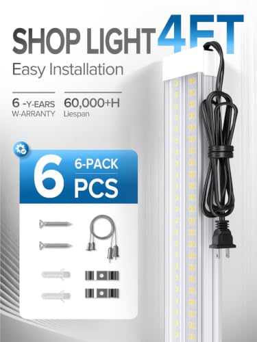 ELEKICO 4FT 6-Pack 60W LED Shop Lights, 9000LM, 5000K, Linkable Garage & Workshop Lighting