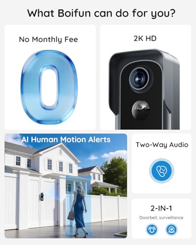 BOIFUN Wireless Video Doorbell Camera 2K HD Black - No Subscription Required