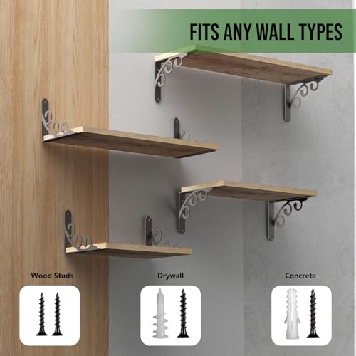 IARTOPS 7.75-inch Heavy Duty Metal L Shelf Brackets for 8-10 Inch Boards, 6 Pack, Black, Rustic Wall Mount DIY Shelving