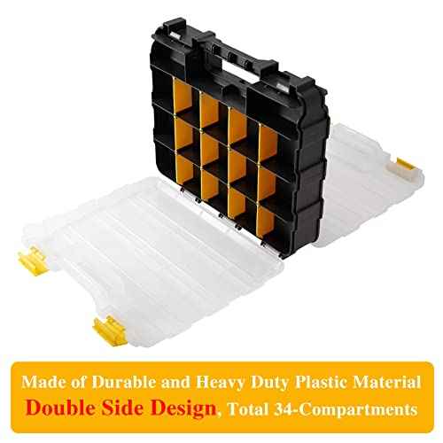 Hardware Organizer Box 34 Compartments Small Parts Organizer with Removable Dividers Durable Plastic Double Side Tools Box Screw Organizer For Nuts, Bolts, Screws, Nails, Small Hardware (Yellow)