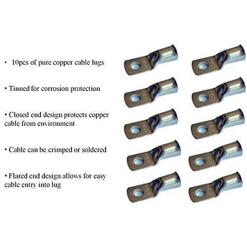 WNI 6 AWG 6 Gauge 10 Feet Black + 10 Feet Red Battery Welding Pure Copper Ultra Flexible Cable + 5pcs of 5/16" & 5pcs 3/8" Copper Cable Lug Terminal Connectors + 3 Feet Heat Shrink Tubing