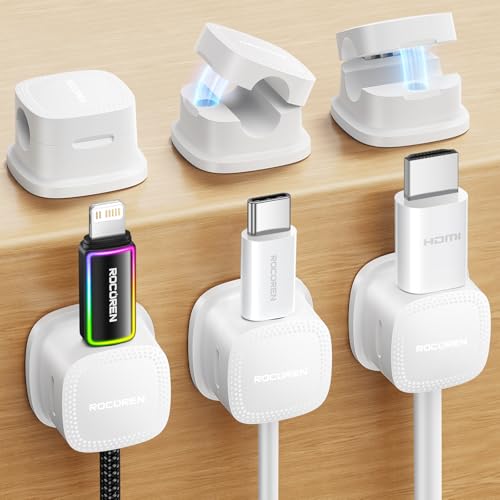 Rocoren 6-Pack White Magnetic Cable Clips - Adjustable Cord Organizer