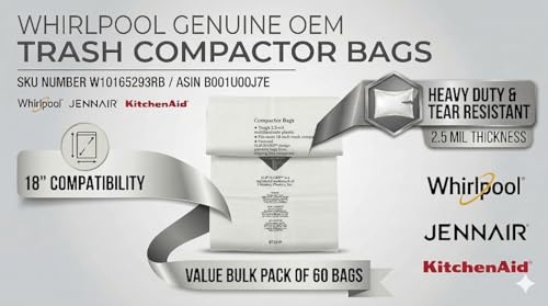 Whirlpool W10165293RB 60-Pack 18-Inch Heavy-Duty Trash Compactor Bags, 2.5-Mil, Slip-N-Grip