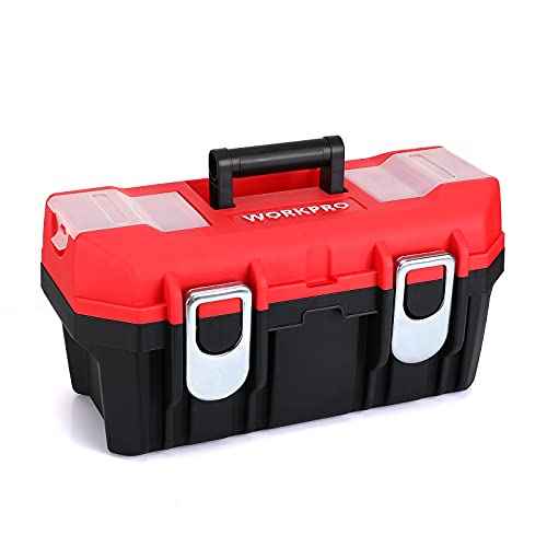 WORKPRO Tool Box Portable 16" with Removable Tray Heavy Duty Toolbox with 2 Metal Latches, Rated up to 33 Lbs, PP Plastic Small Tool Boxes with Lock Secured, Small Parts Organizer in Lid, black & red