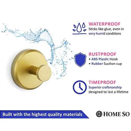HOME SO Suction Cup Hooks for Shower, Bathroom, Kitchen, Glass Door, Mirror, Tile ? Loofah, Towel, Coat, Bath Robe Hook Holder for Hanging up to 15 lbs ? Waterproof, Matte Brushed Satin Gold (2-Pack)
