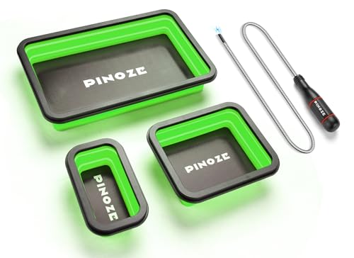 Pinoze 3-Piece Collapsible Magnetic Parts Tray Set with 12" Flexible Magnetic Pickup Tool - Green