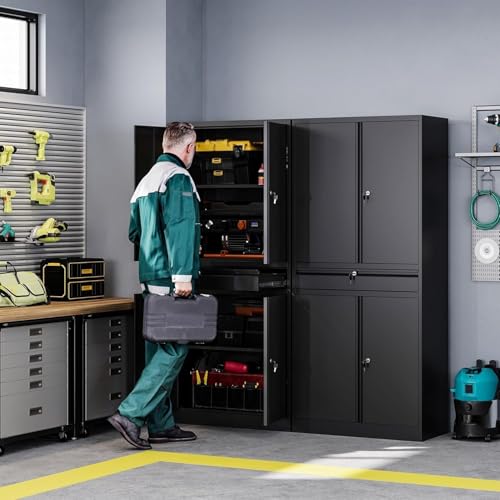 Letaya Metal Garage Storage Cabinet with Locking Drawers, 2 Adjustable Shelves, 16 x 32 x 71 in, Black