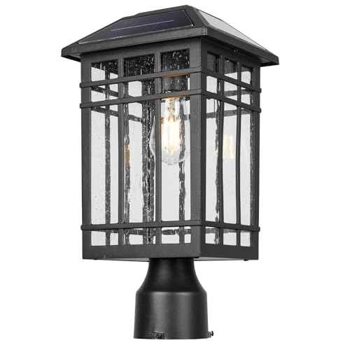 Solar Post Lights, Outdoor Post Lights Solar Powered, Waterproof Anti-Rust Black Post Lights with Seeded Glass, LED Solar Powered Lamp for Front Door, Porch, Garage, and Patio £¨Bulb Included£©SR018-P
