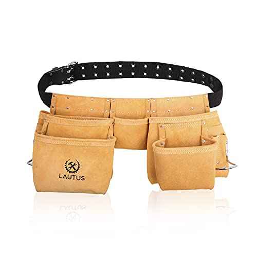 LAUTUS Suede Tool Belt/Pouch/Bag/Work Apron | Carpenter, Construction, Framers, Electrician |11 Pockets | Adjustable Double Pronged Belt | 2 Hammer Loops|