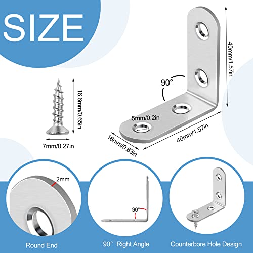 16Pcs Stainless Steel L Bracket Set 40×40MM with Screws for Furniture, Silver