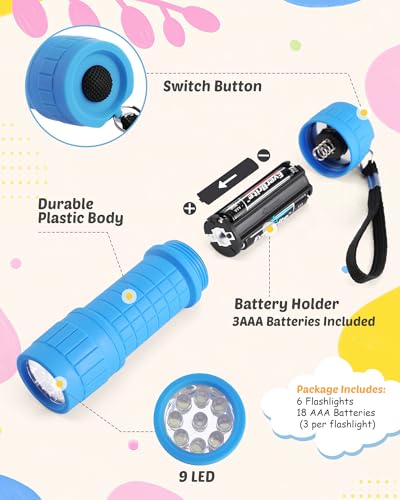 EverBrite 6-Pack Mini 9-LED Flashlights with Batteries - Assorted Colors, Compact & Durable