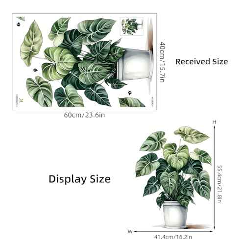 Green Plant Potted Wall Stickers, sacinora Broad-Leaved Plant Art Wall Decals Removable Vinyl Peel and Stick for Living Room Bedroom Study Room Kitchen Home Decorations