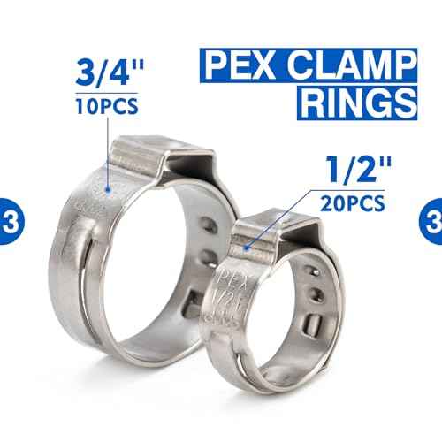 iCrimp PEX Clamp Tool Kit for 3/8-in, 1/2-in, 3/4-in, 1-in PEX Clamp Cinch & Removal, c/w 1/2''(20 Pack) and 3/4''(10 Pack) PEX Clamp Rings, PEX Tubing Cutter