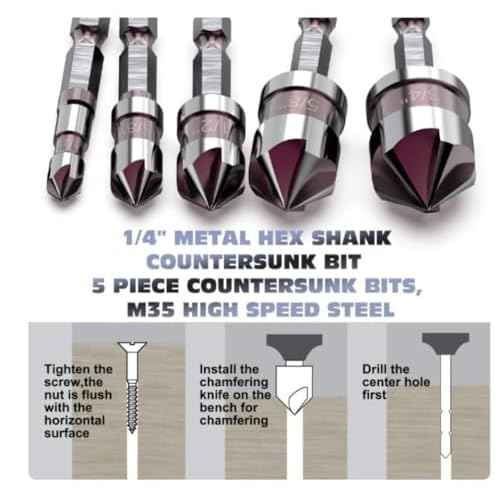 5PCS Countersink Drill Bit Set, Premium HSS Countersink Drill Bit with 82-Degree, 5 Flutes 1/4 Inch Quick-Change Hex Shank, 1/4 Inch to 3/4 Inch Size, Counter Sink Drill Bits for Wood, Metal, Plastic