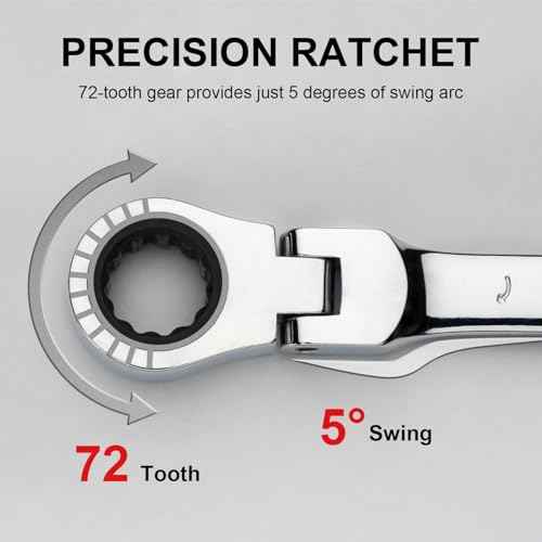 Jetech 8mm Flexible Head Ratchet Wrench, Industrial Grade Cr-V Steel, 12 Point, Off Corner Design, 72 Tooth Ratchet, 180 Degree Flexible Box End