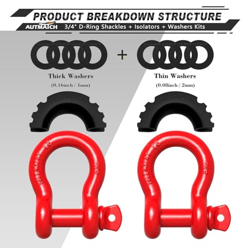 AUTMATCH 3/4" Red D Ring Shackles 2-Pack Heavy Duty Tow Hooks 41,887 lbs