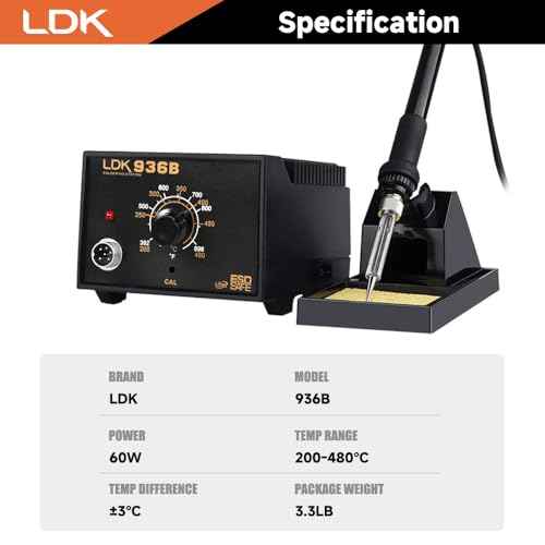 LDK 936B Soldering Iron Kit Soldering Station, 60W Soldering Iron Kit for Electronics, 5 Extra Soldering Iron Tips, Solder, Desoldering Pump, Tweezers, Wire Cutter