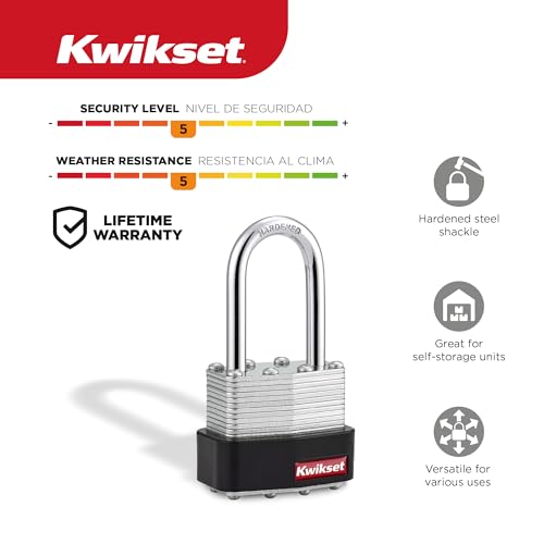 Kwikset Laminated Steel Padlock 1-1/2" Shackle Silver - Heavy Duty Security