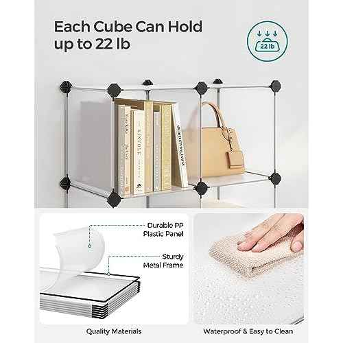SONGMICS 6 Cube Storage Organizer, DIY Closet Shelf, Plastic Clothes Organizer, Modular Bookcase, 11.8 x 11.8 x 11.8 Inch Cubes, with Feet and Rubber Mallet, White ULPC06W