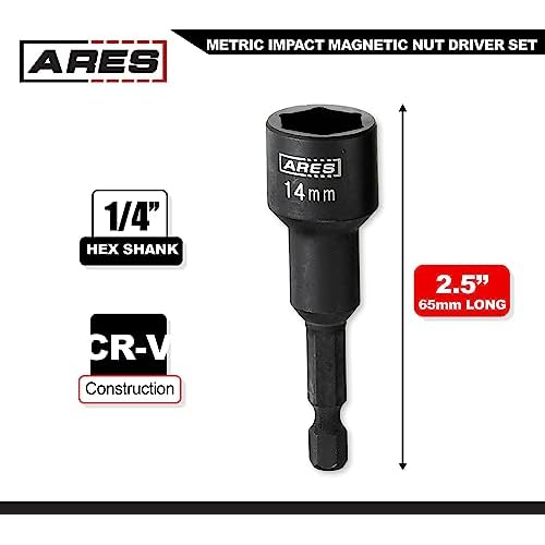 ARES 70029 - Metric Impact Magnetic Nut Driver Set - 2 1/2-Inch Impact Grade Nut Setter with Industrial Strength Magnet
