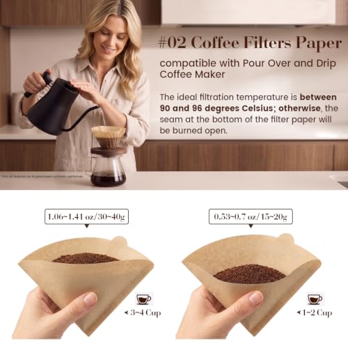 Clinuse #02 Unbleached Cone Coffee Filters 200Pcs - V-Shaped, Tear-Resistant