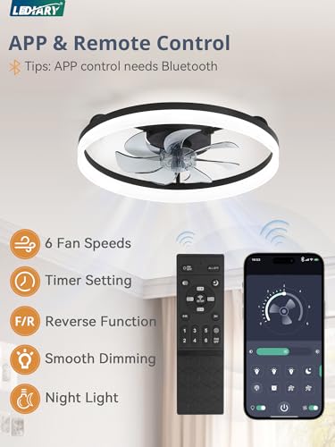 LEDIARY 20-Inch Black Low Profile Modern Ceiling Fan with Lights, APP & Remote