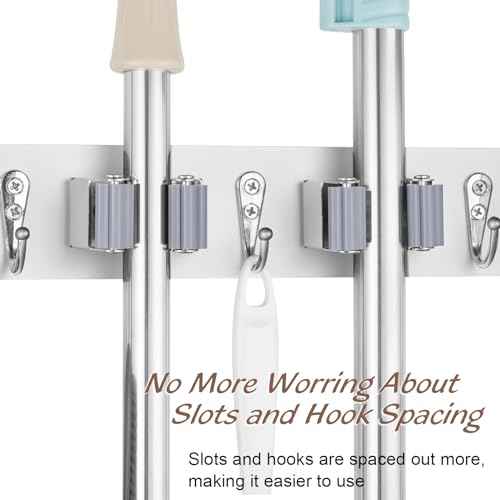 2 Pack Mop Broom Holder Wall Mount - White Wood Broom Mop Hanger - Wall Mounted Garden Tool Rack Organizer for Closet Garage Laundry Room, 4 Slots & 4 Hooks