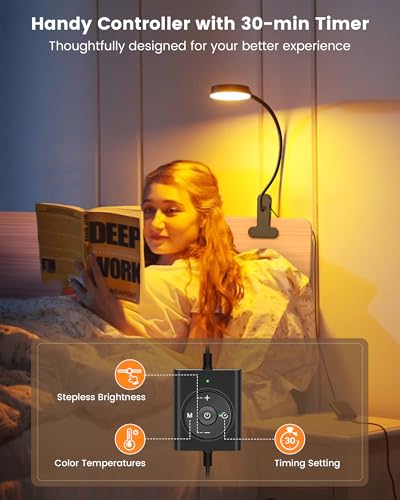 Black Glocusent 5W Clip-On Reading Light with 3 Color Modes & 5 Brightness Levels for Bed