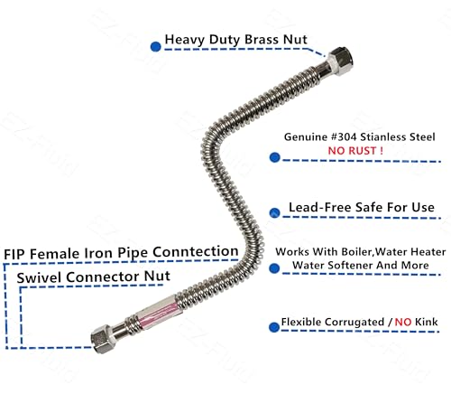 EZ-FLUID 18-Inch 3/4-Inch FIP Corrugated Stainless Steel Water Heater Supply Line