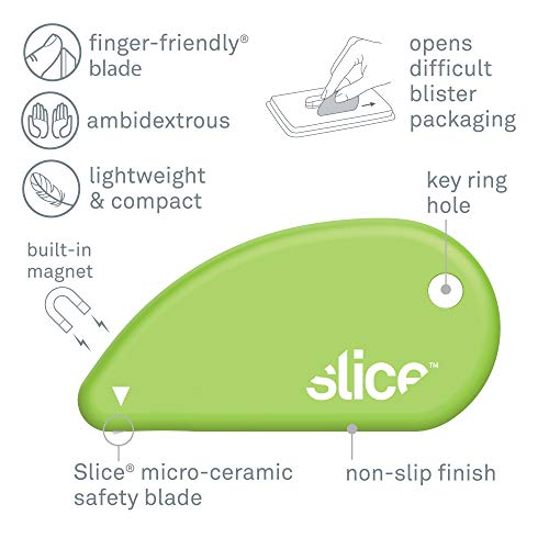 Slice 00100 Green Ceramic Safety Cutter with Keychain, Opens Clamshell Packaging