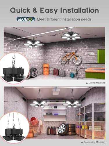 SEOBIOG 2 Pack Plug-in Garage LED Light 20000LM 6500K Shop Lighting, 6 Panel Deformable Design, Linkable, Energy Efficient, Easy Install