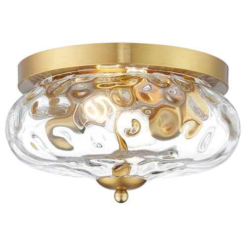Darkaway Ceiling Light Fixtures Flush Mount Indoor Outdoor Ceiling Light with Water Ripple Glass Shade for Hallway Kitchen Bedroom Porch Living Room Gold Finish