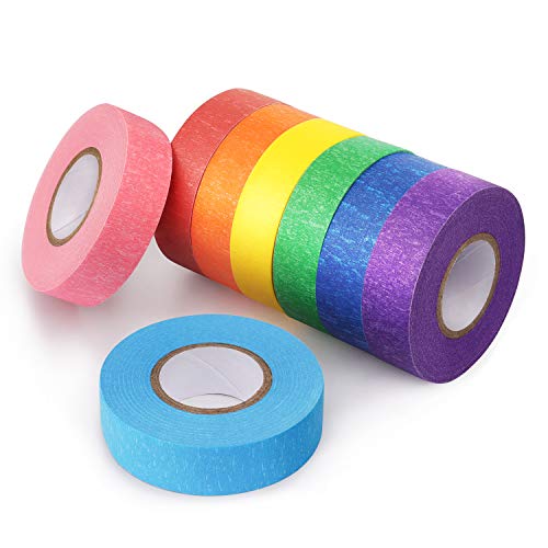 Hutou Bright Rainbow Colored Masking Tape - 8 Rolls, 0.6 Inch x 16 Yard, Waterproof & Removable