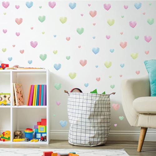 Watercolor Heart Wall Stickers,Colorful Heart Wall Decals,Easy to Peel and Stick Multicolor Heart Wall Decoration for Kids Bedroom Wallpapper Nursery Living Room Classroom Wall D?cor