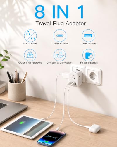 HANYCONY Foldable European Travel Plug Adapter US to Europe Type C 2 Pack
