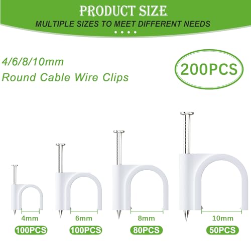200PCS Cable Clips with Steel Nails 4/6/8/10mm White Wall Mount Cable Organizer