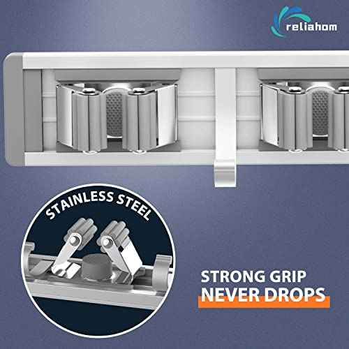 reliahom 2 Pack Broom Holder Wall Mount Mop and Broom Hanger Wall Mounted Garage Storage Rack Kitchen Garden Tool Organizer (5 Racks with 4 Hooks, Silver)